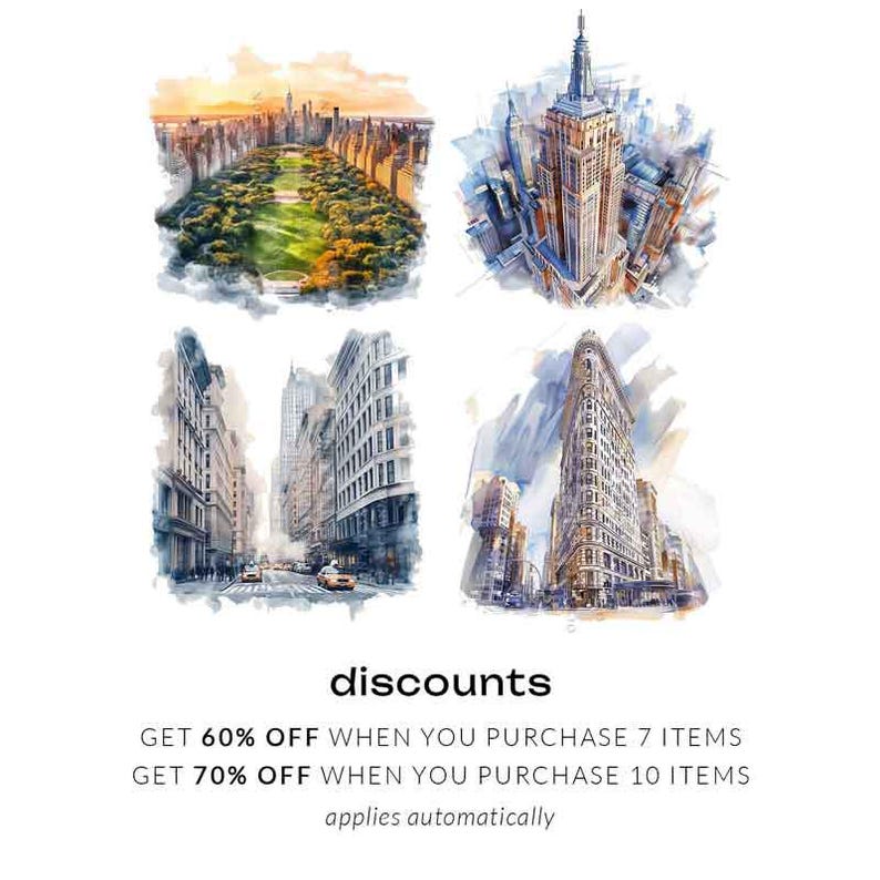 New York Clipart Watercolor, NYC Clipart, New York Buildings, Brooklyn Bridge Manhattan, Scrapbooking, New York Illustrations, USA Clipart image 3