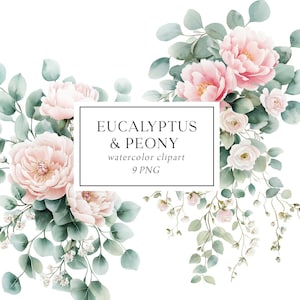 Eucalyptus Clipart, Greenery Wedding Clipart, Eucalyptus Peony Bouquets, Green Pink Floral Clipart, Eucalyptus Bouquets, Botanical Clipart