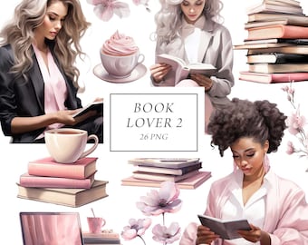 Book Lover Clipart, Bookworm, Coffee and Books, Reading Clipart, Pink Books Clipart, Library Bookshelf, Girls Reading Png, Girls with Books