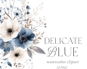 Blue Wildflowers Clipart, Dusty Blue Floral Clipart, Wild Flower Clipart Watercolor, Floral Bouquets Commercial, Dried Flowers, Blue Floral
