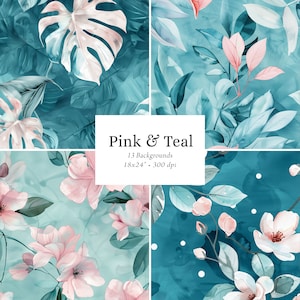 Teal Seamless Patterns, Teal Pink Digital Papers, Teal Floral Seamless ...
