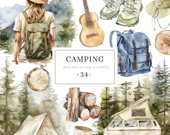 Camping Clipart, Hiking Clipart Watercolor, Mountain Adventure Clipart, Trekking Clipart, Tent Pine Forest Woodland, Forest Landscape