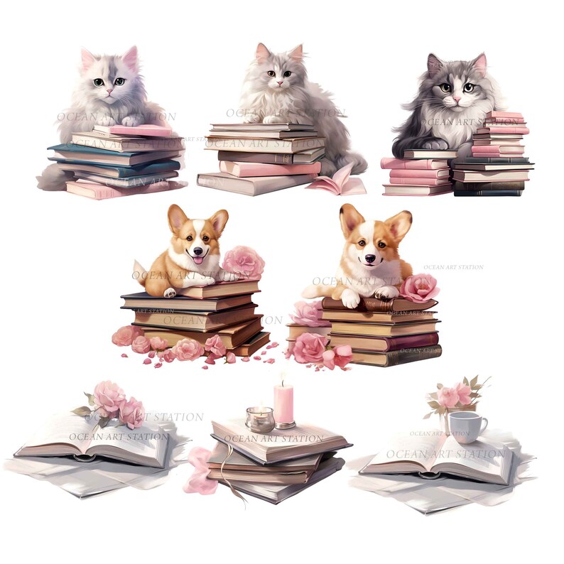 Op de afbeelding: Een digitale schildering van een witte kat, een grijze kat en twee corgi-honden die op stapels boeken zitten. De katten kijken naar de kijker, terwijl de honden naar de boeken kijken. Er zijn roze rozen en bloemblaadjes rond de boeken verspreid. De afbeelding is tegen een witte achtergrond geplaatst.