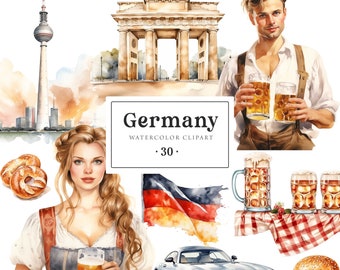 May include: Watercolor illustrations of German culture, including the Brandenburg Gate, a woman in traditional clothing holding a beer stein, a man holding two beer steins, a pretzel, a German flag, a car, and a hamburger.