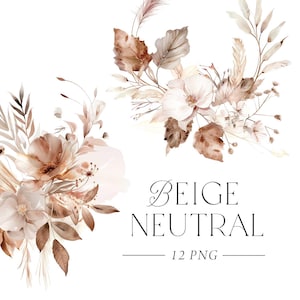 Clipart floral neutre, clipart bouquets neutres, clipart floral beige, aquarelle de fleurs bohèmes, bouquets de fleurs, fleurs marron beige