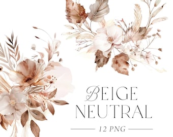 Neutral Floral Clipart, Neutral Bouquets Clipart, Beige Floral Clipart, Boho Flowers Watercolor, Floral Bouquets, Beige Brown Flowers