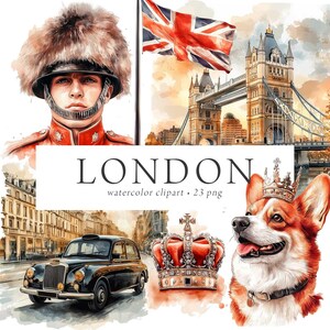 Clipart di Londra, Big Ben Tower Bridge, Illustrazione ad acquerello di Londra, Clipart britannica del Regno Unito, Clipart di viaggio di Londra Adesivo per scrapbooking
