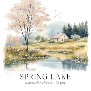 Clipart de lago de primavera en acuarela, paisaje de primavera en formato PNG, clipart de bosque de primavera, clipart de naturaleza de primavera, ilustraciones de primavera