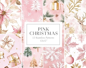 Pink Christmas Patterns, Pastel Christmas Digital Papers, Blush Pink Christmas Seamless Patterns, Festive Holiday Digital Papers, Commercial