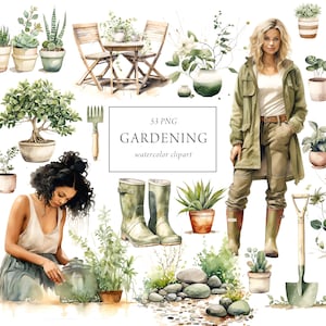 Jardinagem Clipart Aquarela, Jardim Primavera Clipart, Hobby Jardinagem Meninas, Plantas de Jardim, Primavera Casa, Planejador Adesivos, Scrapbooking