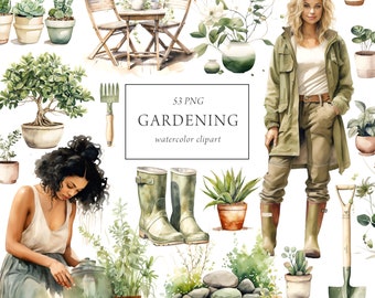 Gardening Clipart Watercolor, Spring Garden Clipart, Hobby Gardening Girls, Garden Plants, Spring Home, Planner Stickers, Scrapbooking