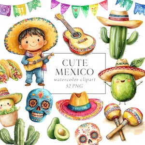 Clipart mexicain mignon, clipart Fiesta mignon, aquarelle, Fiesta mexicaine, Cinco de Mayo, autocollants, fête tacos mexicaine, Mariachi Cactus Pinata