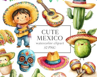 Cute Mexican Clipart, Cute Fiesta Clipart, Watercolor, Mexican Fiesta, Cinco de Mayo, Stickers, Mexican Taco Party, Mariachi Cactus Pinata