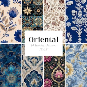 Puede incluir: Una colección de 14 patrones orientales sin costuras, cada uno de 30,48 cm x 30,48 cm. Los diseños presentan motivos florales y geométricos en tonos de azul, dorado, crema y burdeos. La palabra "Oriental" se muestra en un rectángulo blanco.