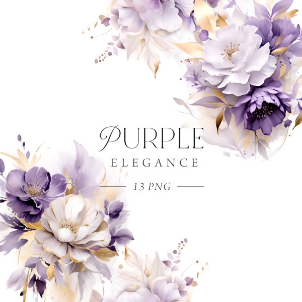 Purple Floral Clipart, Purple Floral Bouquets, Purple Wedding Bouquets, Commercial Use, Purple and Gold Flowers Png, Purple Wedding