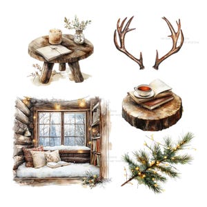 Op de afbeelding: Waterverfillustratie van gezellige wintersc&egrave;nes. Bevat een kleine houten tafel met een kaars en een boek, geweien, een vensterbank met kussens en boeken, een kopje thee op boeken en een takje den met lichtjes.