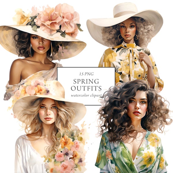 Spring Fashion Girls Clipart, Spring Fashion Clipart Watercolor, Floral Spring Outfits, Spring Women, Fashion Girls Clipart, Commercial Use