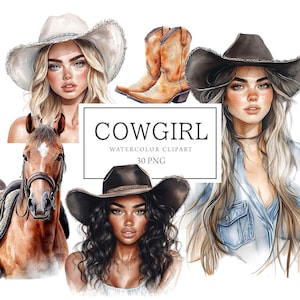 Aquarelle des cliparts cow-girl, clipart fille de la campagne, clipart Western Girl, ranch de chevaux, usage commercial, grange de la ferme, balade à cheval, rodéo