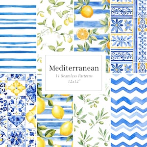 Carte digitali mediterranee, motivi mediterranei senza soluzione di continuità, motivi di limone, sfondi mediterranei, pacchetto di carte digitali italo-greche