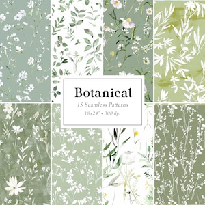 Carte digitali botaniche verde salvia, motivi senza soluzione di continuità con fiori selvatici, sfondi con fiori selvatici, confezione di carta botanica, motivi per tessuti
