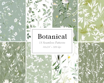 Sage Green Botanical Digital Papers, Wildflower Greenery Seamless Patterns, Wildflower Backgrounds, Botanical  Paper Pack, Fabric Patterns