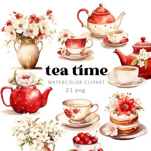 Tea Clipart Watercolor, Floral Tea Time Clipart, Vintage Teacups, Desserts Clipart, Commercial, Cakes Patisserie, Tea Party Invitations