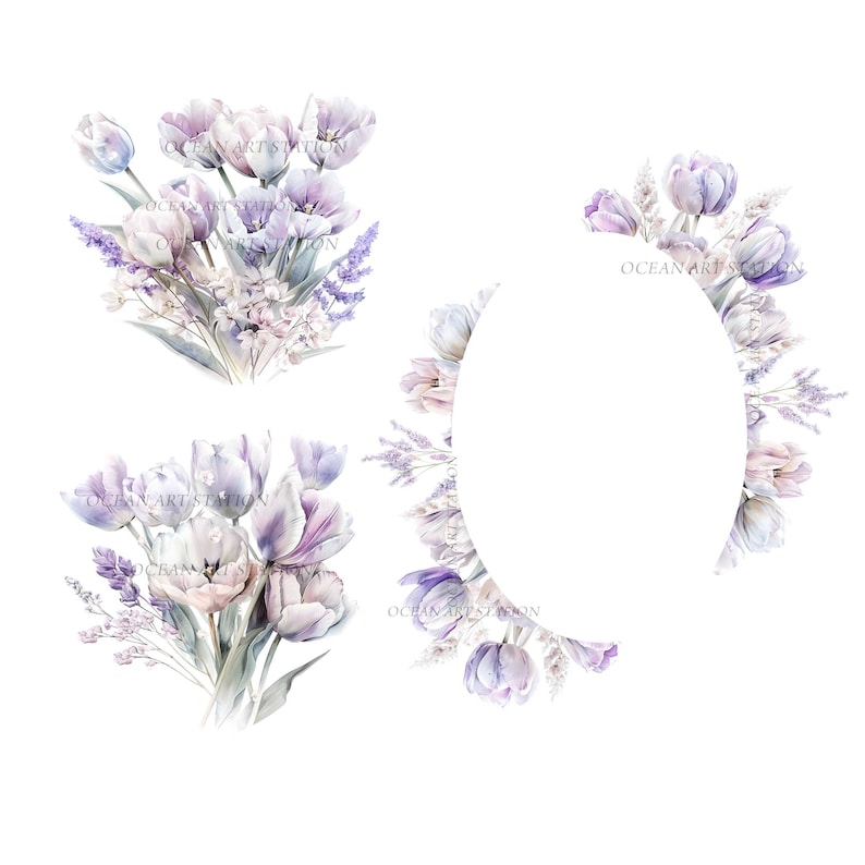 May include: A watercolor illustration of three arrangements of purple and white tulips and lavender flowers. The flowers are arranged in a bouquet, a circle, and a half-circle.