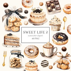 Clipart pâtisserie, clipart desserts aquarelle, clipart boulangerie, donuts, cupcakes, pâtisseries, gâteaux, autocollants pour agenda, clipart cuisine