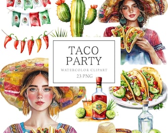 Taco Clipart, Taco Party, Mexico Clipart Watercolor, Mexican Fiesta Clipart, Cinco de Mayo, Mexico Stickers Scrapbooking, Png