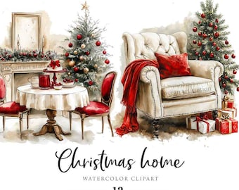 May include: Watercolor illustration of a Christmas home scene. Features a decorated Christmas tree, a cozy armchair with a red throw and pillow, and a small table set for tea. Presents are under the tree. The text "Christmas home" is at the bottom.