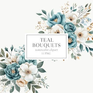 Blaugrüne Blumen Clipart, Blaugrün Blumensträuße Png, Türkisblaue und weiße Blumen, Türkis Hochzeitseinladung, Elegante Blumensträuße, Aquarell Blumen