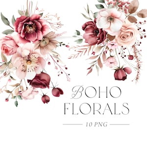 Burgunder Rosa Blumen Clipart, Boho Blumen Clipart, Burgunder Blush Blumensträuße Clipart, Marsala, Aquarell Blumensträuße, Burgunder Hochzeit