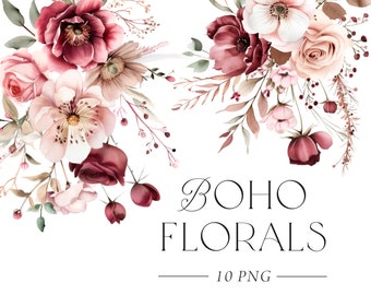 Burgundy Pink Floral Clipart, Boho Flowers Clipart, Burgundy Blush Bouquets Clipart, Marsala, Watercolor Bouquets, Burgundy Wedding