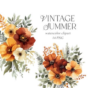 May include: Vintage Summer watercolor clipart featuring two bouquets of orange, yellow, and red flowers with green leaves. The text "Vintage Summer watercolor clipart 14 PNG" is displayed above the bouquets.