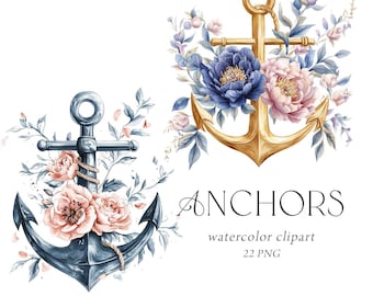 Peut inclure: Clipart aquarelle avec deux ancres, une bleu marine et une dorée, ornées de compositions florales roses, bleues et vertes. Le mot "ANCHORS" est écrit en dessous des ancres.