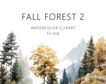 May include: Watercolor clipart titled "FALL FOREST 2" featuring a scenic landscape. The image showcases a forest with various trees in shades of green, yellow, and brown, with mountains in the background. The text "WATERCOLOR CLIPART 12 png" is also present.