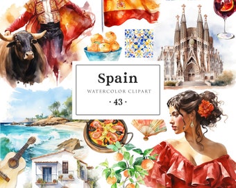 Spain Clipart, Spanish Clipart Set, Spain Watercolor Illustration, Travel Clipart, Spanish Scenery Aesthetic, Sticker Scrapbooking