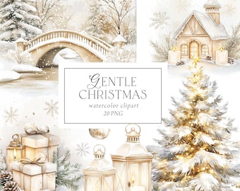 Gold Christmas Clipart Watercolor, Elegant Christmas Clipart, Gold Holidays Clipart, PNG, POD, Christmas Tree Ornaments, Commercial Use