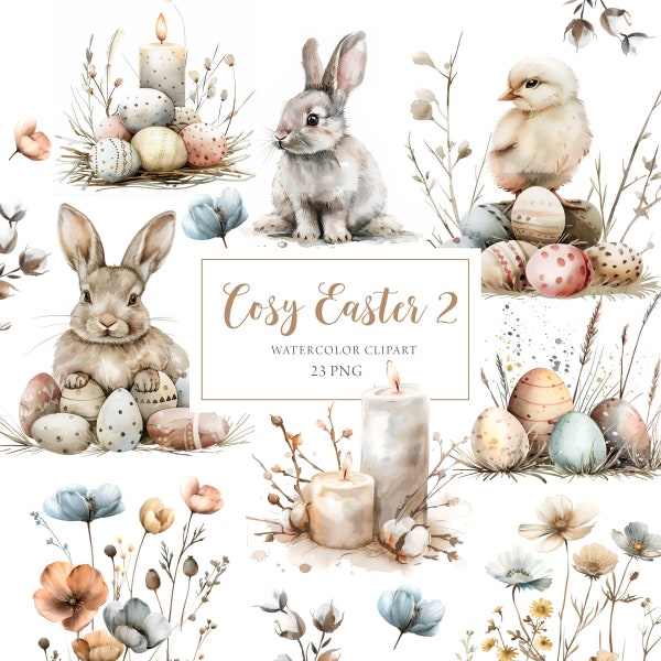 Neutral Easter Clipart Watercolor, Boho Easter Clipart, Easter Bunny Clipart, Cute Easter Clipart, Easter Animals, Easter Stickers