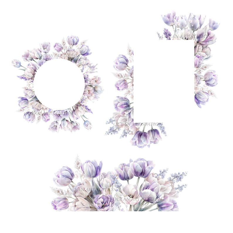 May include: Three watercolor floral frames with purple and white tulips and lavender. The frames are a circle, a square, and a corner design.