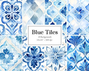 Mediterranean Digital Papers, Blue Tile Digital Papers, Mediterranean Backgrounds, Italian Greek Digital Paper Pack, Spanish Tiles