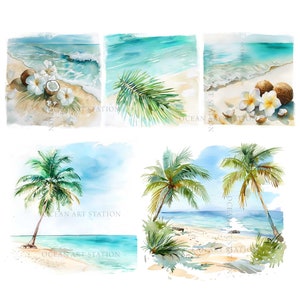 May include: Watercolor painting of a tropical beach scene with palm trees, white sand, and blue ocean. The painting includes the text "Ocean Art Station".