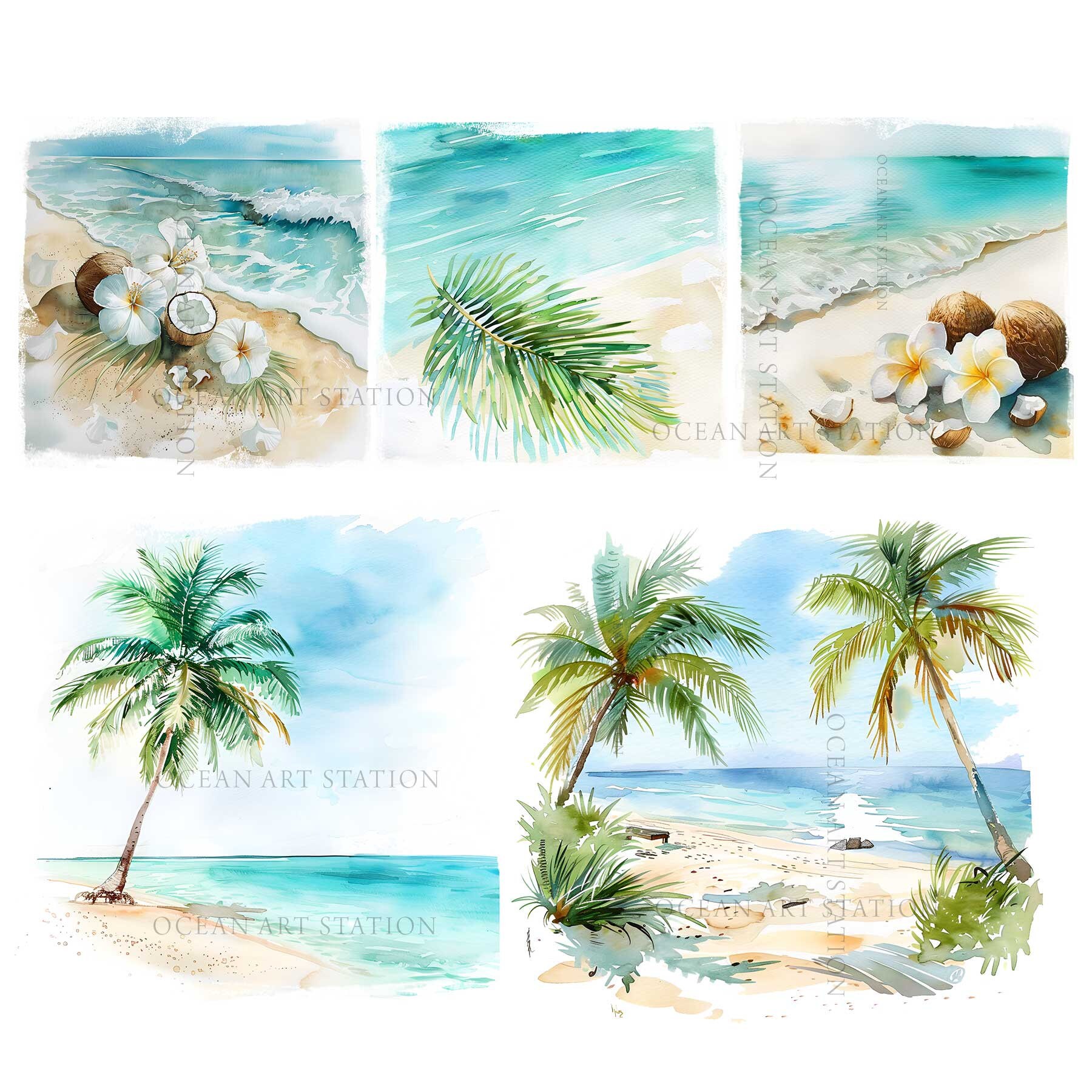 Tropical Beach Clipart, Palm Trees Clipart Watercolor, Palm Beach