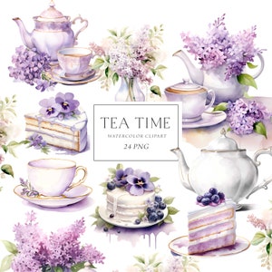 Clipart thé pastel, aquarelle florale des cliparts de l'heure du thé, tasses à thé vintage, clipart desserts, commercial, pâtisseries gâteaux, clipart printemps lilas