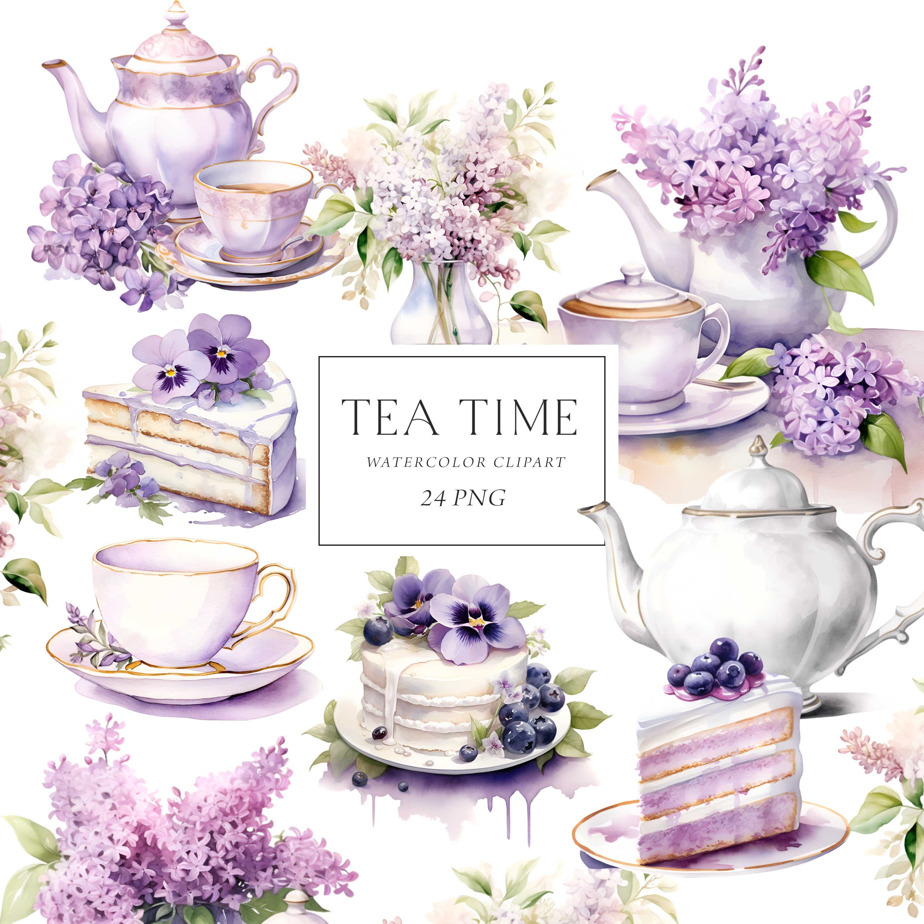 Tea Clipart Pastel, Floral Tea Time Clipart Watercolor, Vintage Teacups