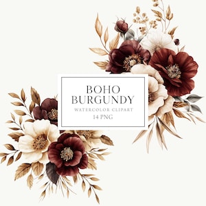 Clipart floral bordeaux, Clipart floral bohème, Clipart de bouquets bohèmes, Marsala, bouquets beiges bordeaux, Faire-part bordeaux