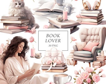 May include: A digital illustration of a book lover's cozy space, featuring a woman reading a book, a cat, a comfy armchair, a cup of coffee, macarons, candles, flowers, and stacks of books. The text "BOOK LOVER 30 PNG" is displayed in a white rectangle.