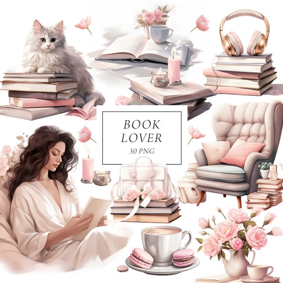 Book Lover Clipart, Reading Clipart, Pink Books Clipart, Bookworm, Coffee and Books, Library Bookshelf, Girls Reading Png, Girls with Books