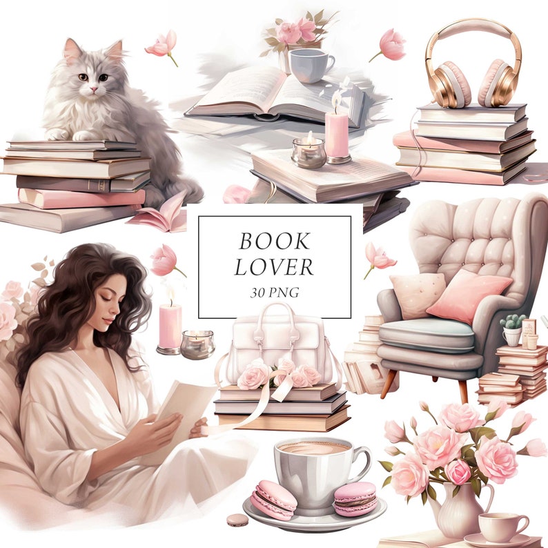 Op de afbeelding: Een digitale illustratie van een knusse ruimte voor een boekenliefhebber, met een vrouw die een boek leest, een kat, een comfortabele fauteuil, een kopje koffie, macarons, kaarsen, bloemen en stapels boeken. De tekst "BOOK LOVER 30 PNG" wordt weergegeven in een wit rechthoek.