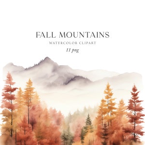 Herfstberg clipart aquarel, herfst berglandschap png, mistig bos clipart, natuur clipart, herfst boslandschap illustraties